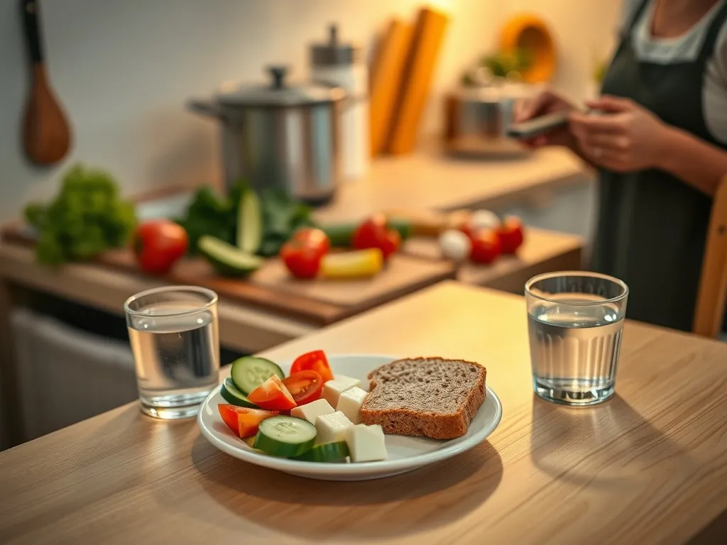 Kolacja dla dziecka: kolorowy talerz z warzywami, kanapką pełnoziarnistą i serem, przygotowywany w przytulnej kuchni.