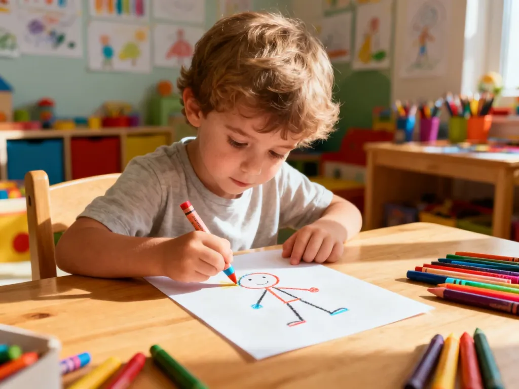 Dziecko skupione na rysowaniu ludzika z patyczków na kartce papieru przy drewnianym biurku.