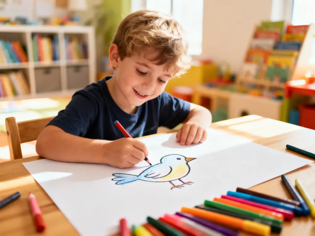 Dziecko z radością rysuje ptaka kredkami na kartce papieru przy drewnianym biurku w słonecznym pokoju.