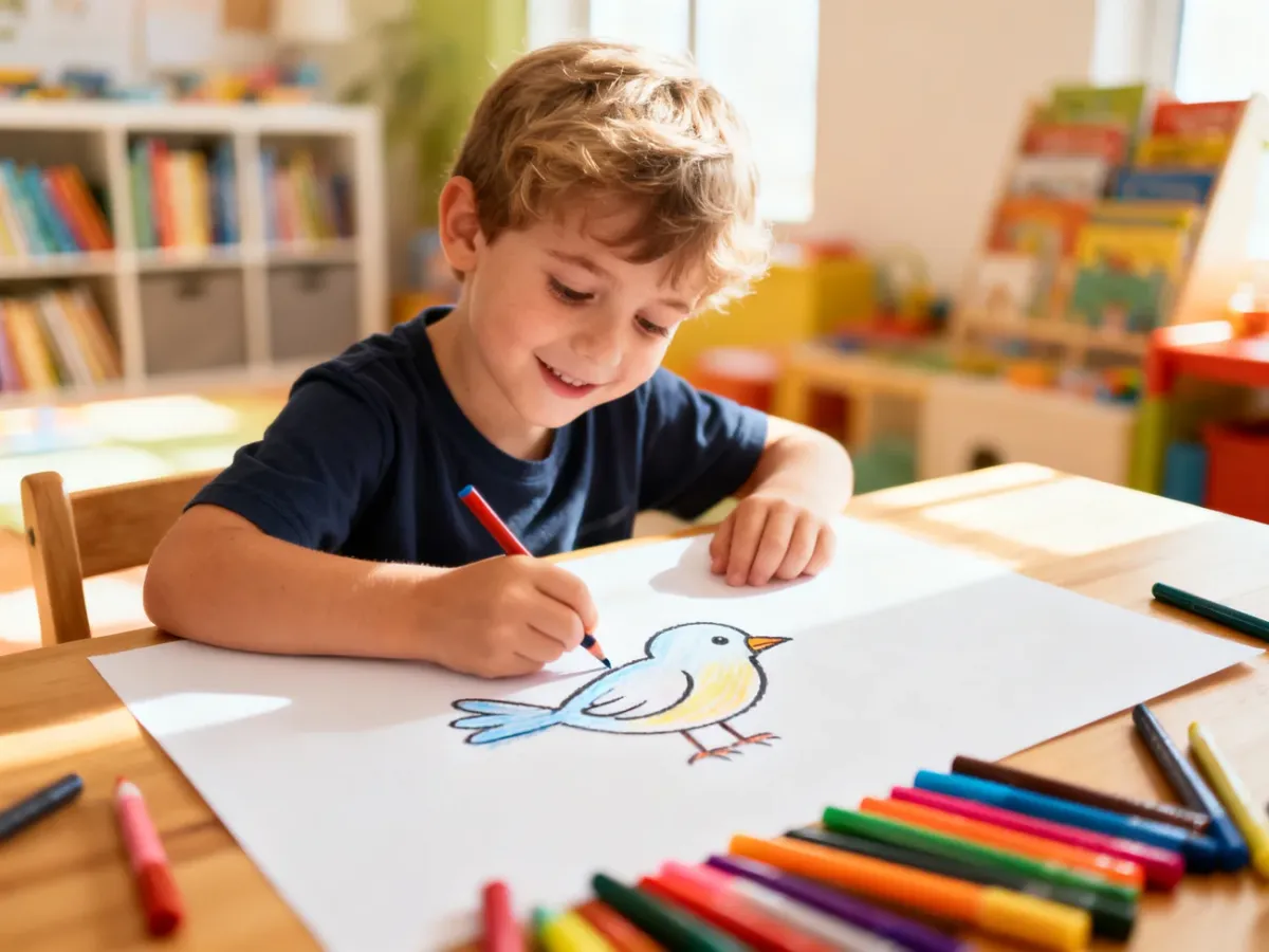 Dziecko z radością rysuje ptaka kredkami na kartce papieru przy drewnianym biurku w słonecznym pokoju.