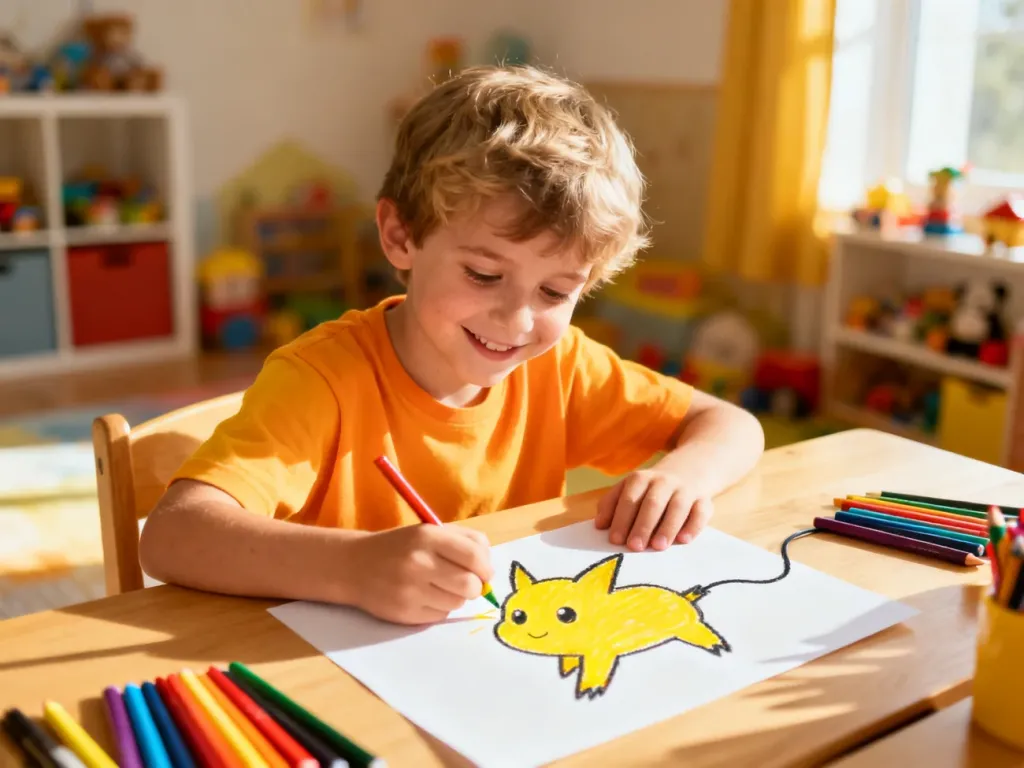 Dziecko z zaangażowaniem rysuje kredkami Pikachu przy biurku w słonecznym pokoju zabaw.