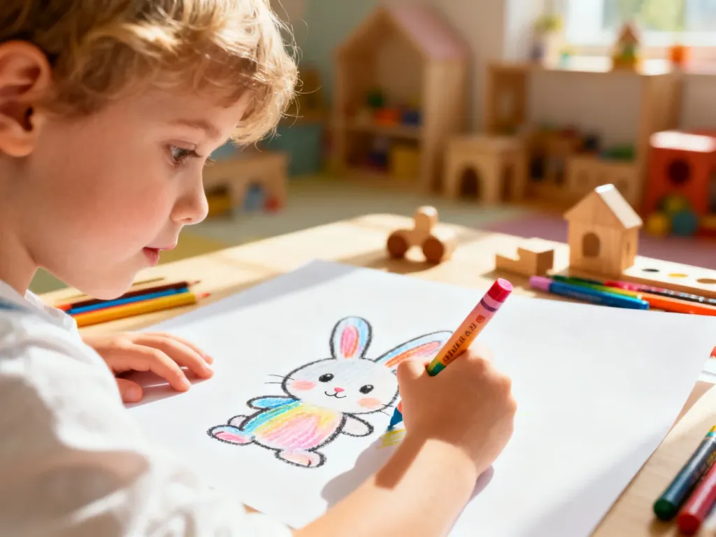Dziecko rysuje kolorową kredką uroczego królika na dużej kartce papieru w przytulnym pokoju zabaw.