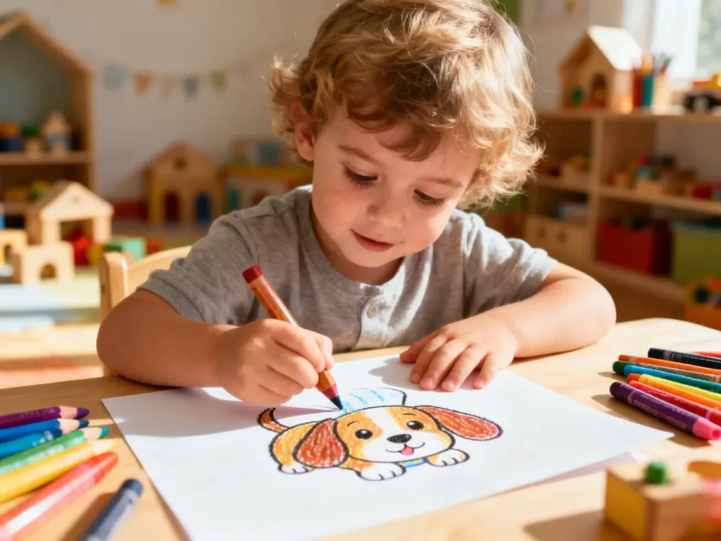 Dziecko z radością rysuje kolorowymi kredkami psa na białej kartce w przytulnym pokoju zabaw.