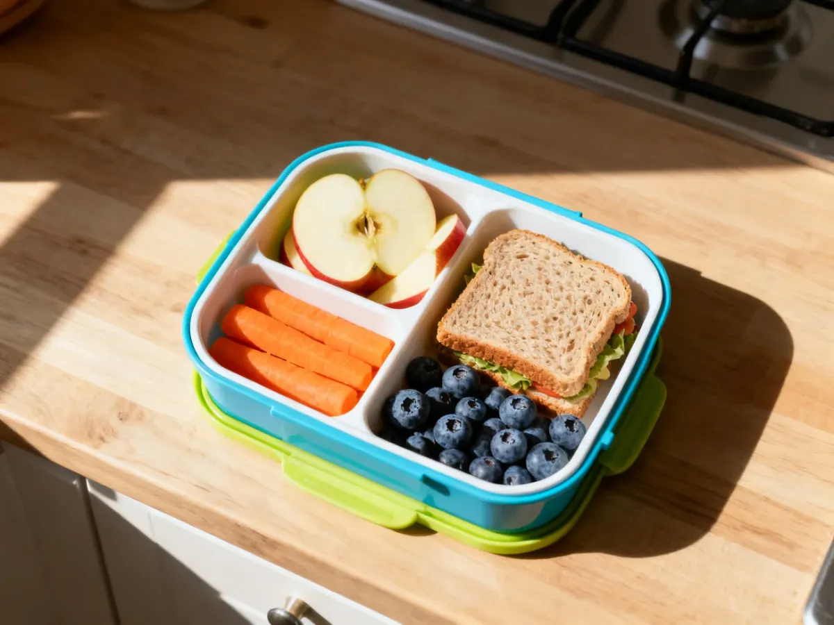 Kolorowy lunchbox dla dziecka z owocami, warzywami i pełnoziarnistą kanapką na drewnianym stole.